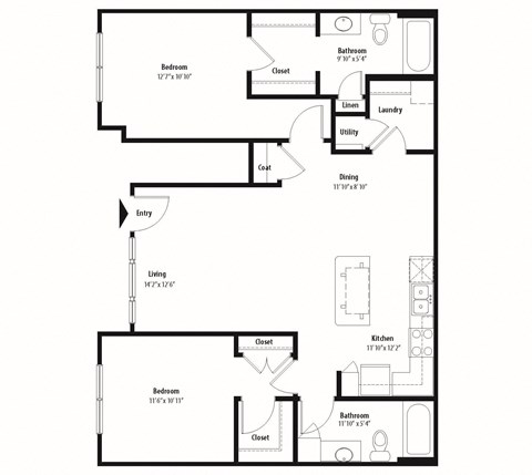 Floor plan for 2 beds, 2 baths, 1088 sqft